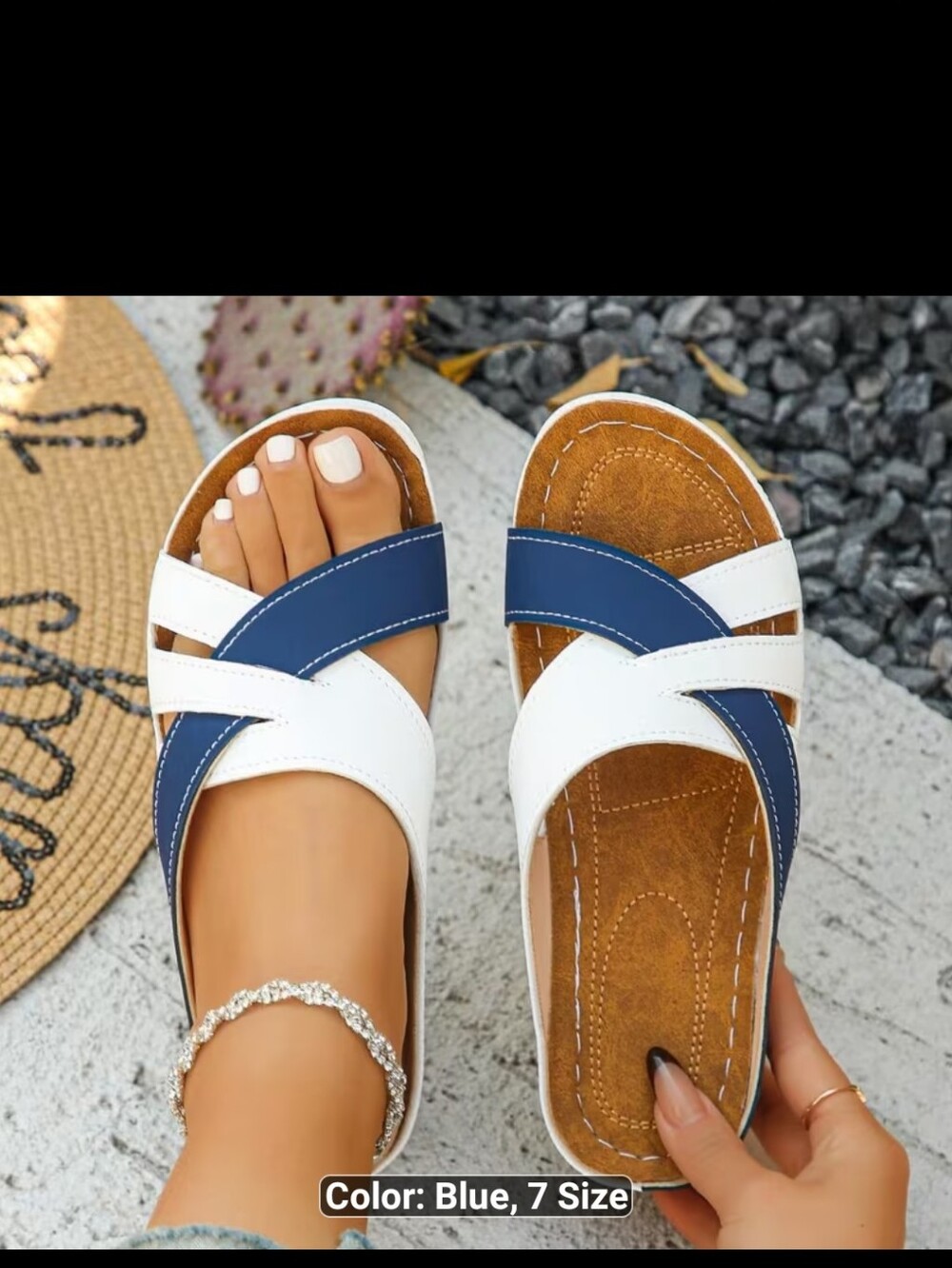 New Women’s Blue and White Cross-Strap Slide Sandals sz 10 #1648-1500